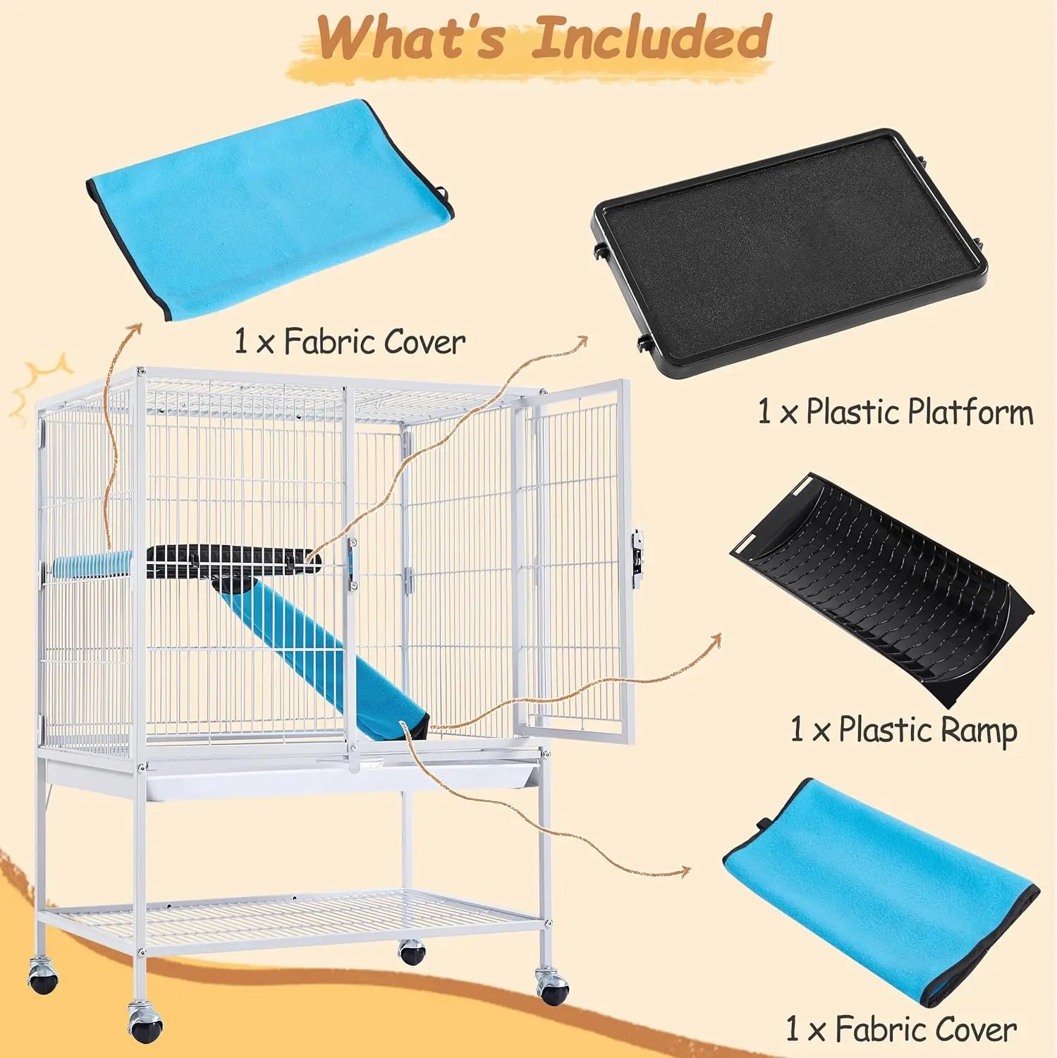 White Metal Small Animal Cage - Removable Tray, Ladder and Wheels