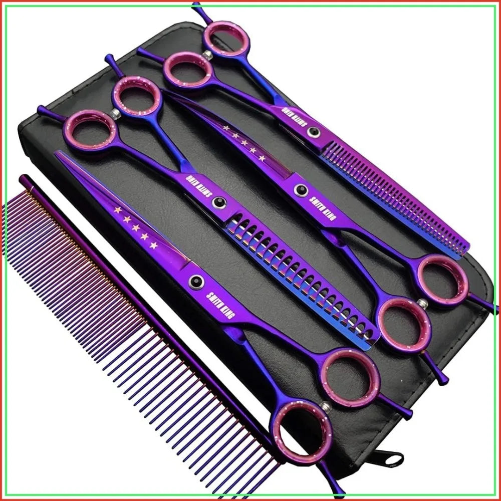 7" Professional Dog Grooming Scissors Set - 5pcs: Straight, Thinning, Curved, Chunkers & Comb, for Left & Right Hand