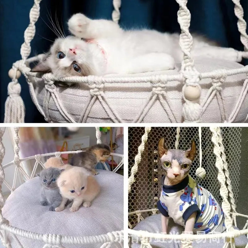 Pet Hammock Cat Swing Hand Woven Cotton Rope Hanging Basket