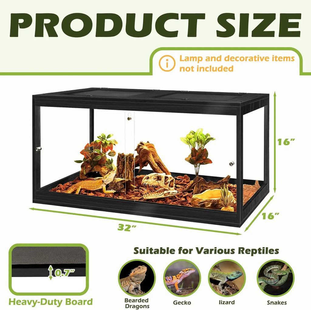32 Gallon Tempered Glass Reptile Enclosure with Locking Doors (32"X16"X16", Black)
