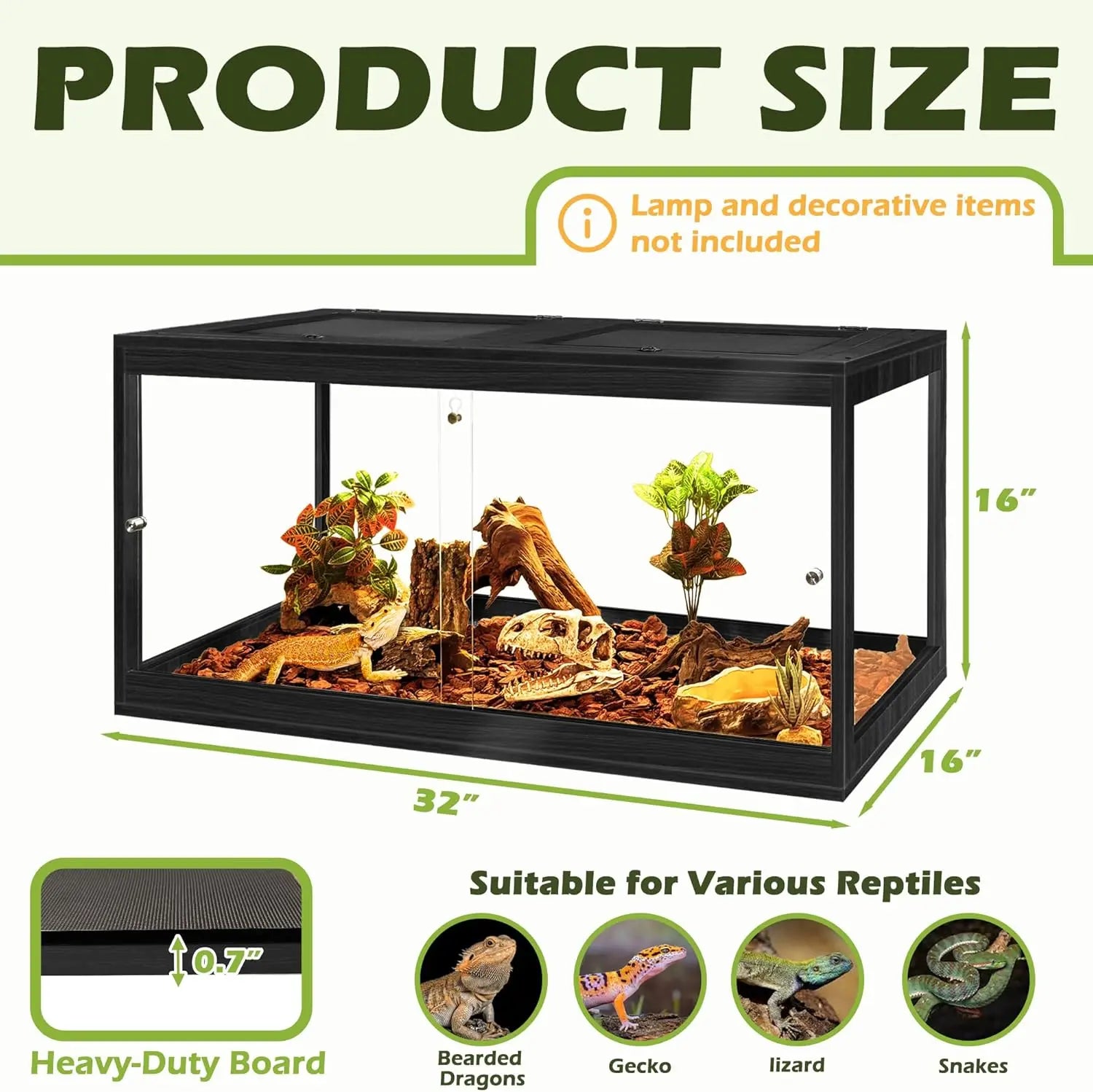 32 Gallon Tempered Glass Reptile Enclosure with Locking Doors (32"X16"X16", Black)
