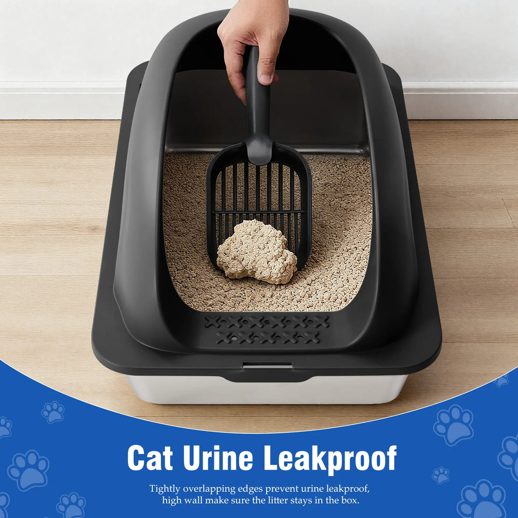 Stainless 24IN Steel Cat Litter Box with Lid Large Cat Litter Box for Big Cats Anti-Urine Leakage Scoop and Mat Included