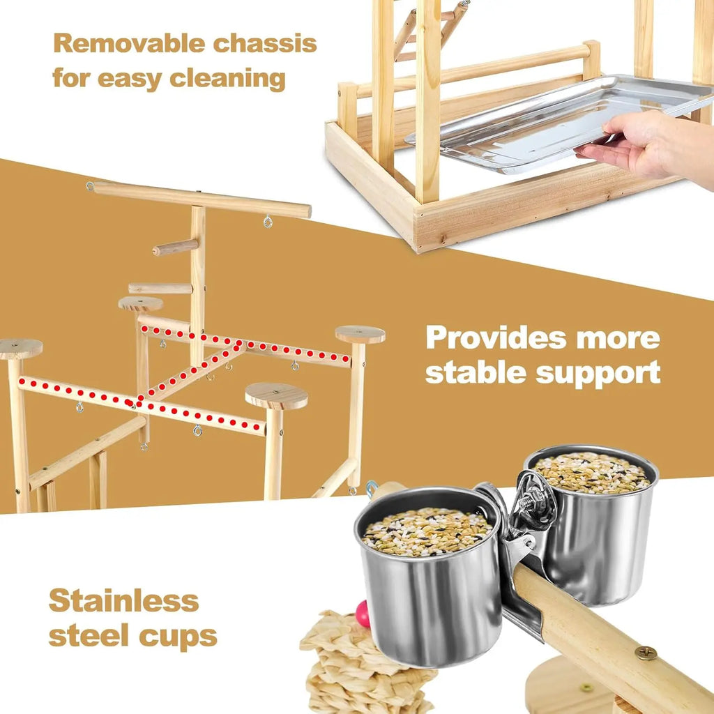 Natural Wood Bird Play stand with Perches, Toys, Removable Tray & 4 Stainless Steel Cups