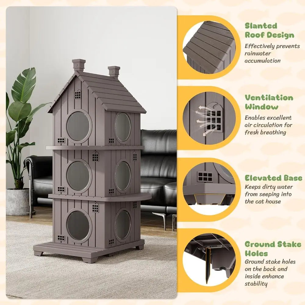 Outdoor Cat House Weatherproof, Durable Resin House Indoor Cats, Outdoor Cat Enclosure Shelter with Elevated Base