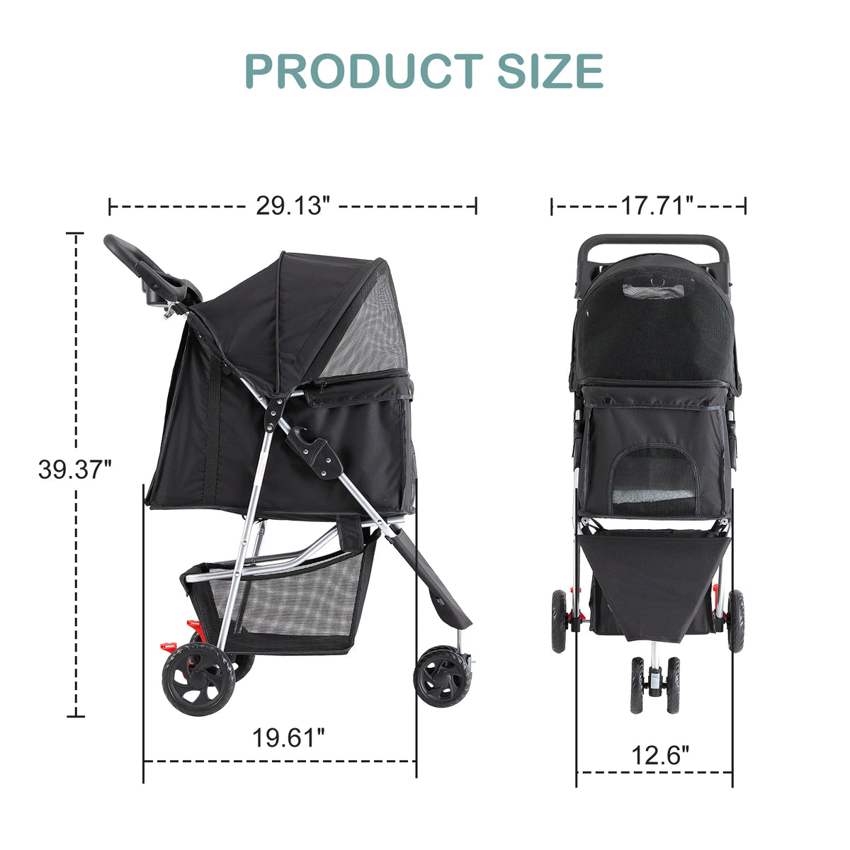 3 Wheels Foldable Pet Stroller for Small Dogs and Cats with Mesh Windows Storage Basket Cup Holder for Outdoor Use