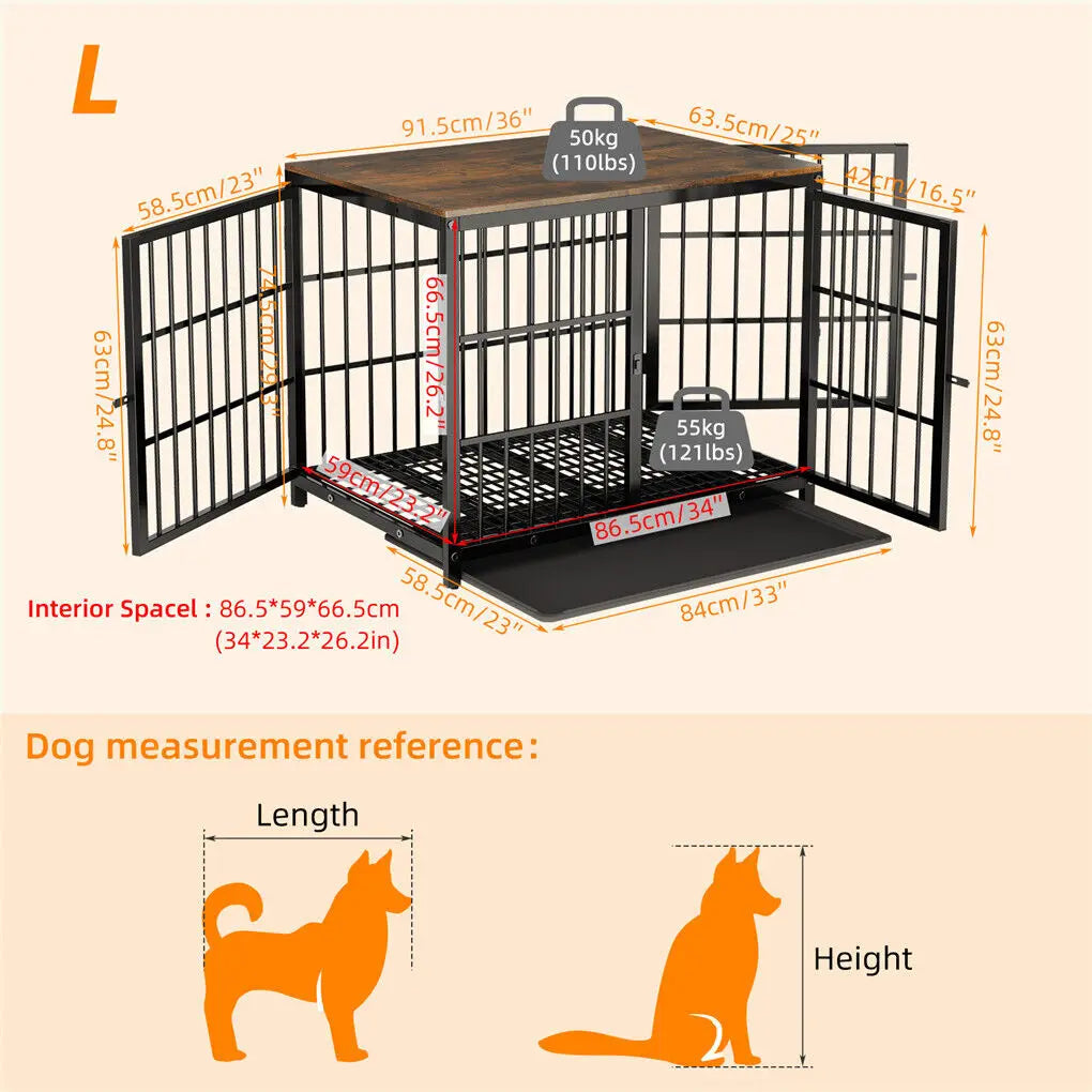 Heavy Duty Dog Kennel Metal Wooden End Table Furniture Style with Three Doors and Removable Tray