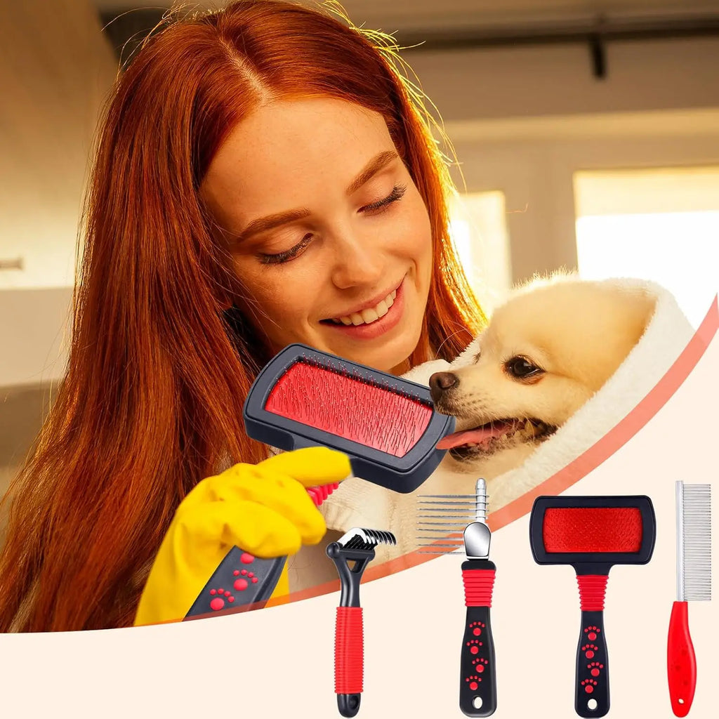 4-Piece Pet Grooming Kit: Dematting Combs, Slicker Brush & Steel Comb for Dogs and Cats