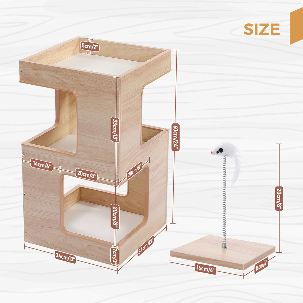 Wood Cat Condo House Bed with Removable Soft Mats Modern Cat Tree Tower with Scratching Pad Cat Scratcher Furniture