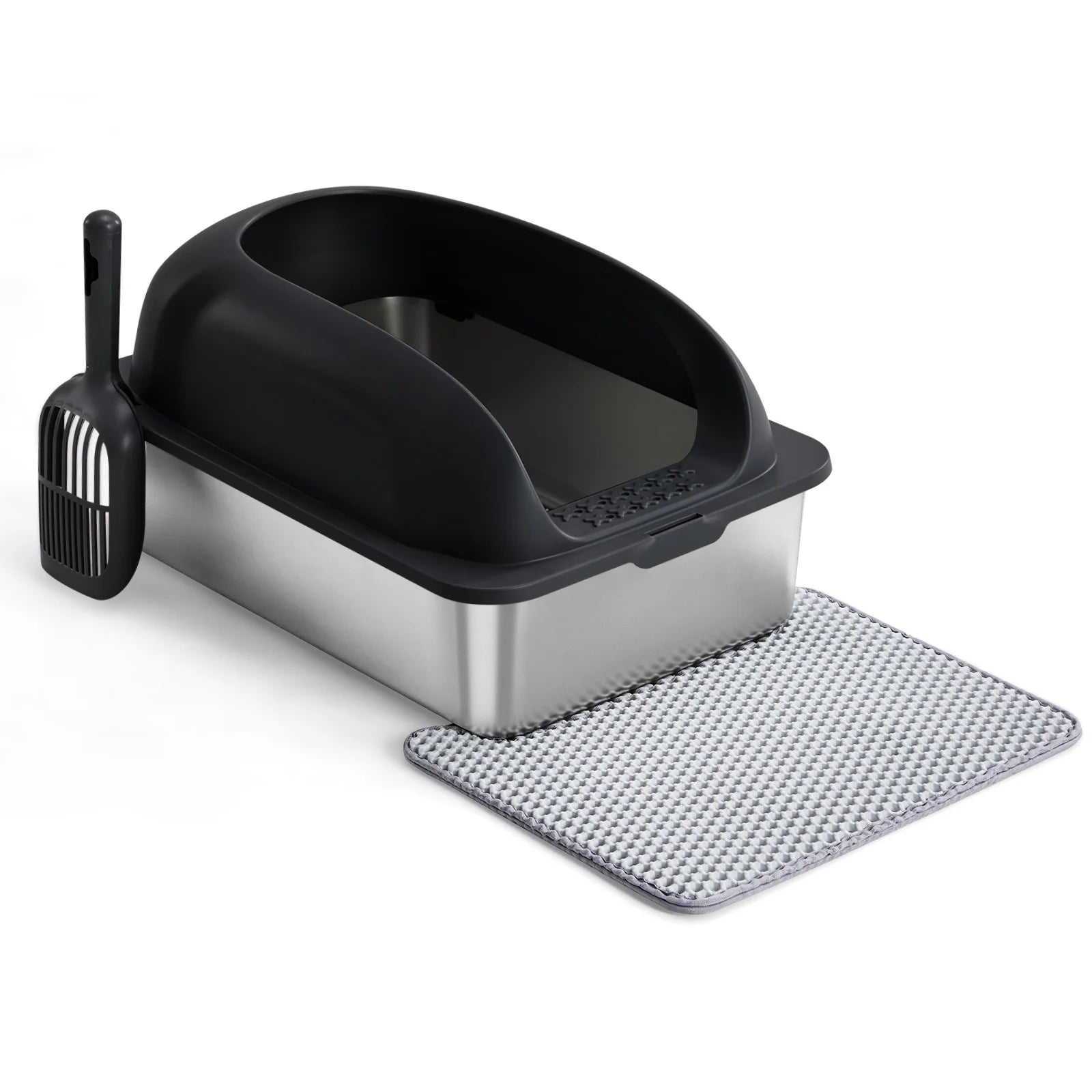 Stainless 24IN Steel Cat Litter Box with Lid Large Cat Litter Box for Big Cats Anti-Urine Leakage Scoop and Mat Included