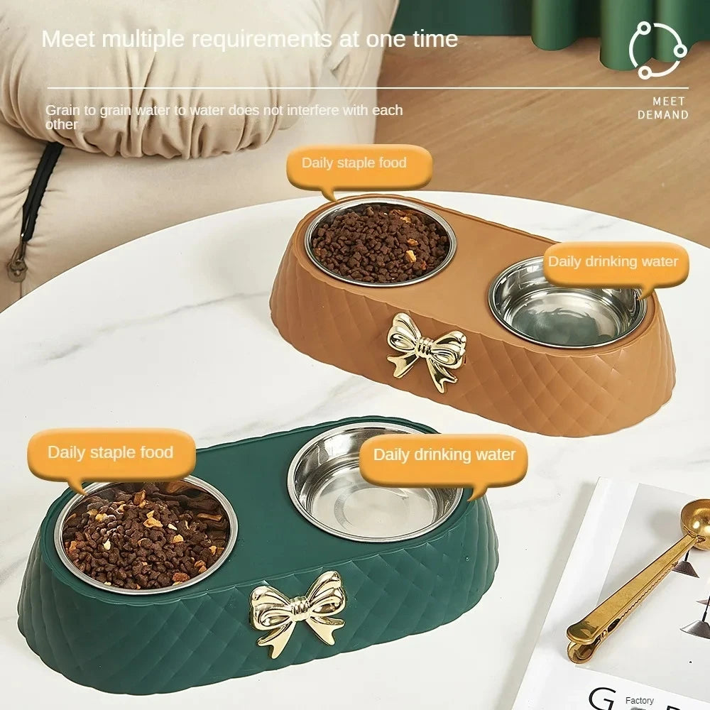 Pet Supplies Bow-tie Food Bowl Base Bowl Stainless Steel Double Feeding Drinking/Feed Double Bowl