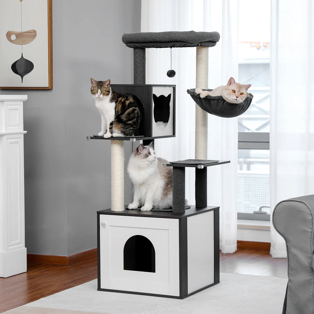 Cat Tree with Litter Box Enclosure Large Wood Tower with Storage Cabinet and Cozy Cat Condo Sisal Covered Scratching Post