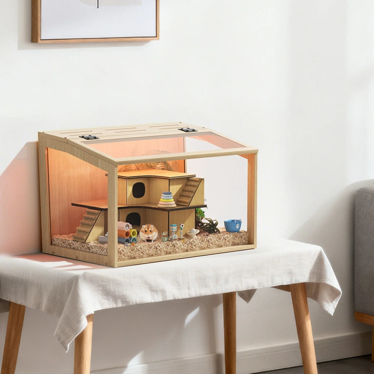 60/80CM Large Natural Wooden Hamster Cage Animal Cabinet Built-in LED Light Tabletop Habitat for Small Pets