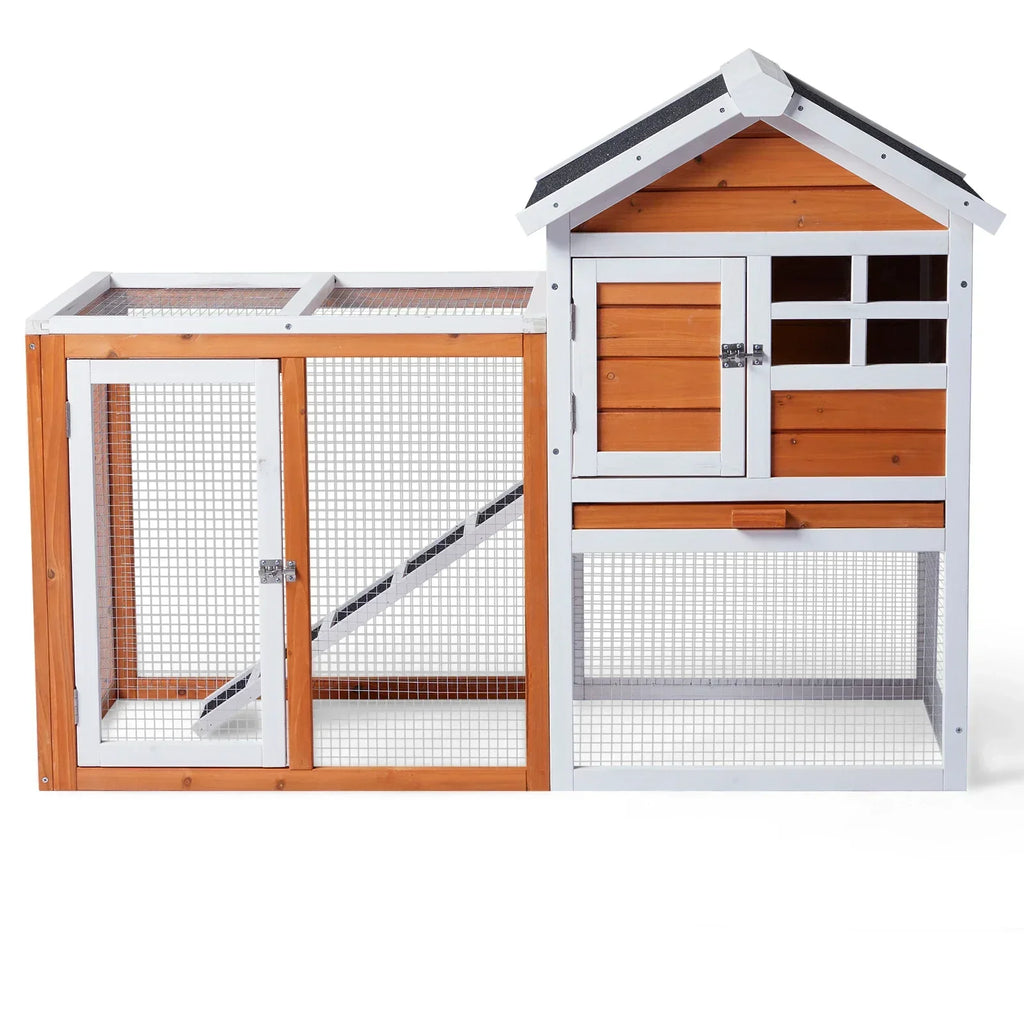 Wooden Rabbit Hutch Outdoor Chicken Coop Indoor Bunny Cage with Run, Guinea Pig House with Pull Out Upper Tray, Orange