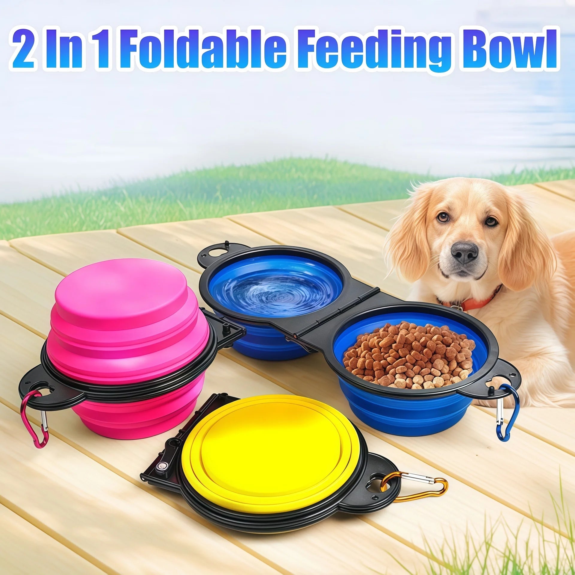 New 2 in 1 Portable Collapsible Dog Cat Travel Bowl Double Bowls or Single Folding Hangable