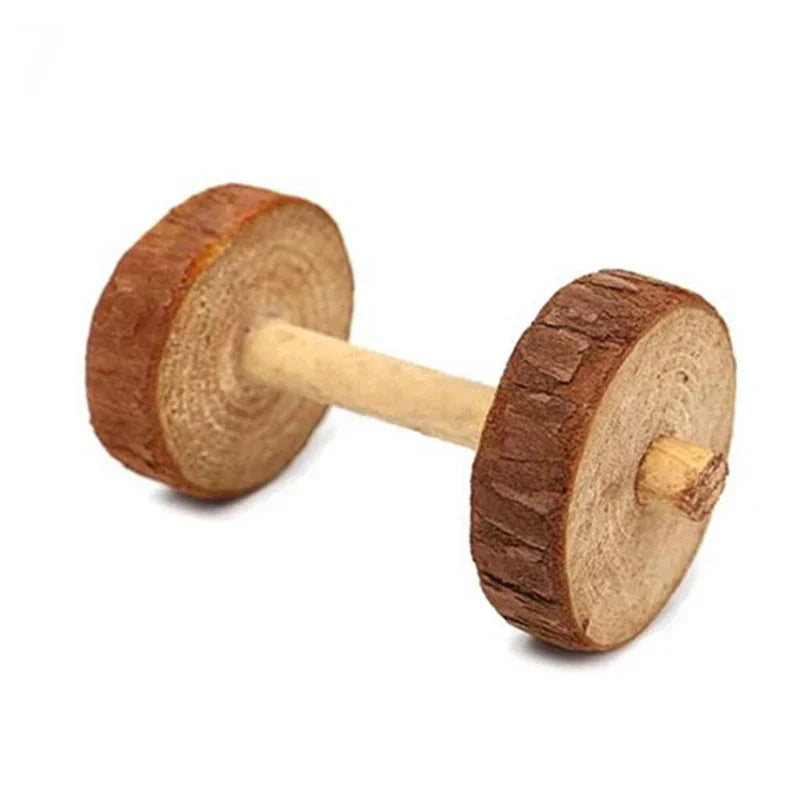 Cute Rabbit Roller Toys Natural Wooden Pine Dumbbell Unicycle Bell Chew Toys for Guinea Pigs Rat Small Pet