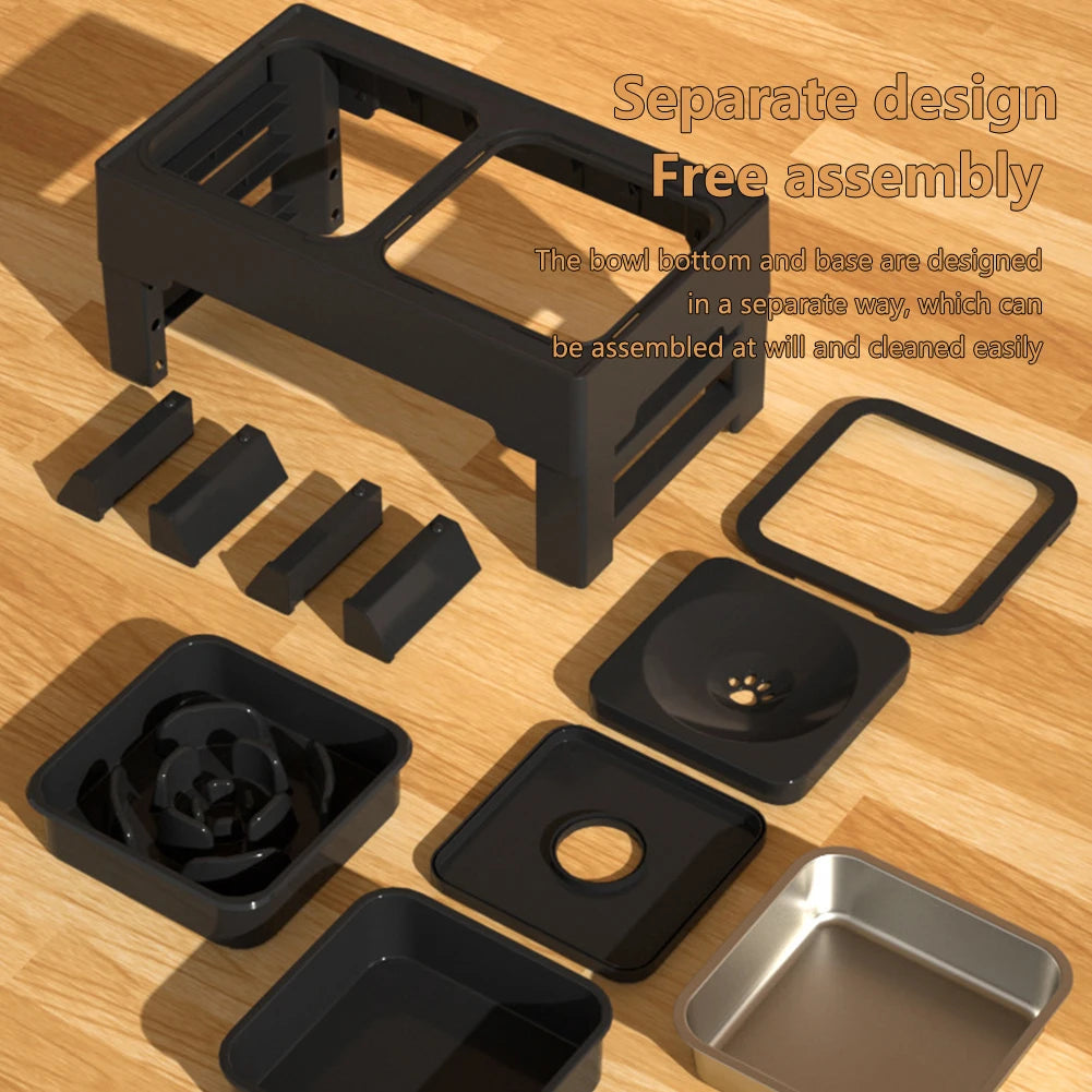 3 In 1 Pet Dog Cat Stainless Steel Slow Feed Drinking Water Bowls Anti Knock Adjustable Height