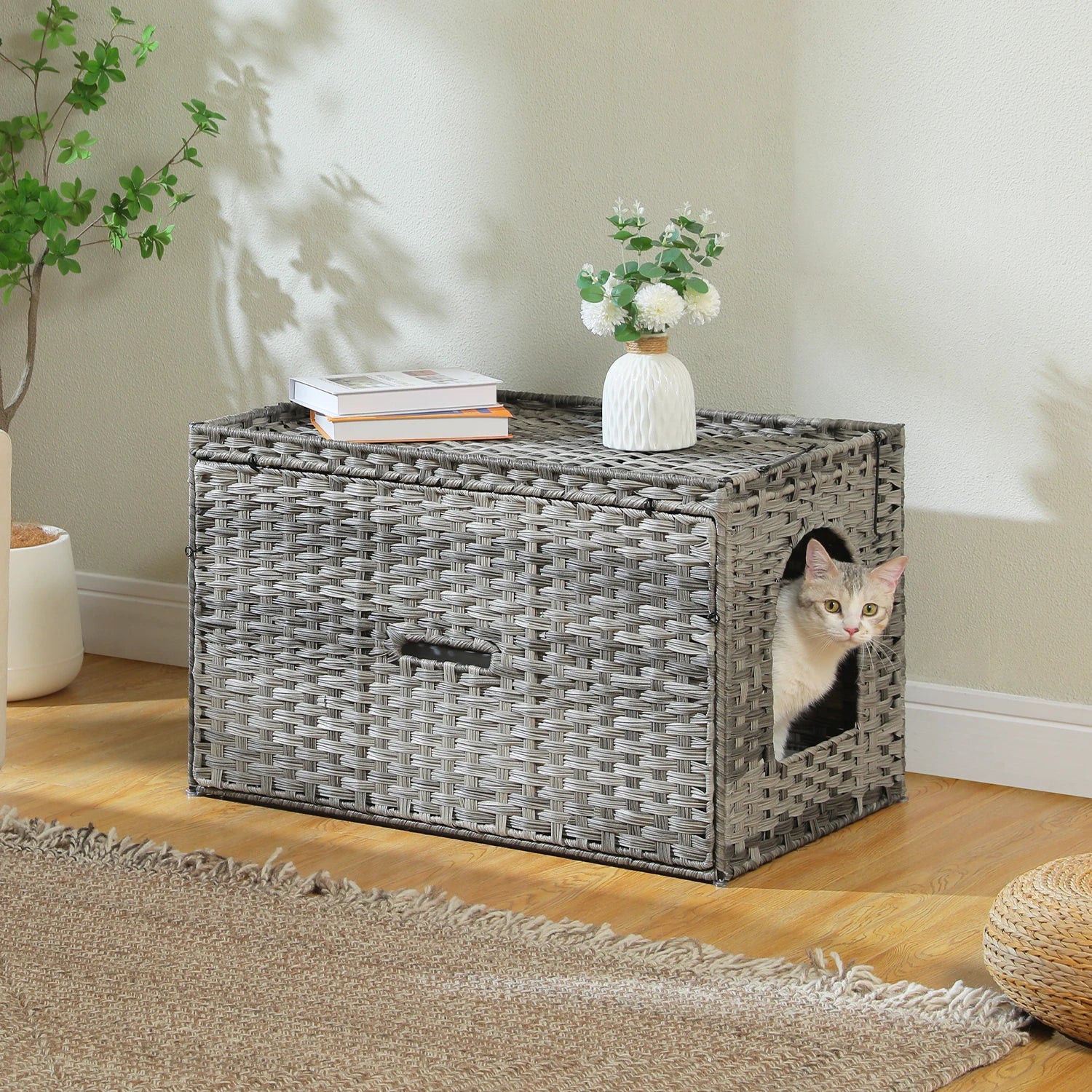 Rattan Cat Litter Box Enclosure Furniture with Door, Handwoven Rattan Hidden Litter Box