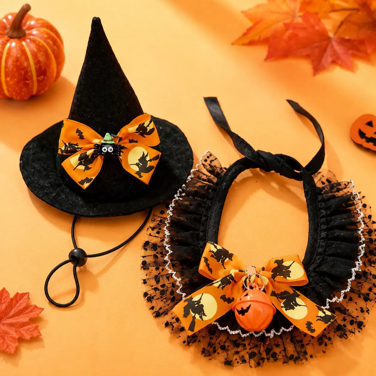 2pc Halloween Pet Bandana Hat Set, Cute Cat Dog Bib Collar With Lace Trim, Festive Pet Costume Accessories For Party Dress Up
