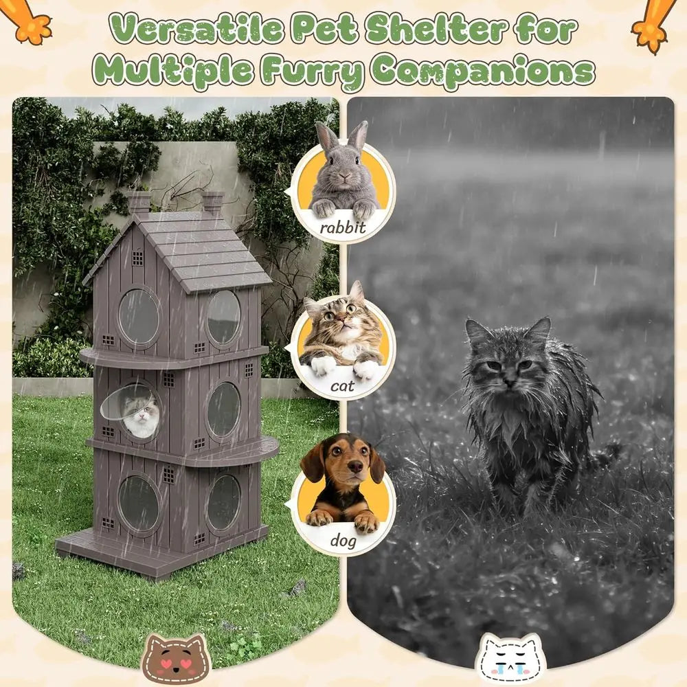 Outdoor Cat House Weatherproof, Durable Resin House Indoor Cats, Outdoor Cat Enclosure Shelter with Elevated Base
