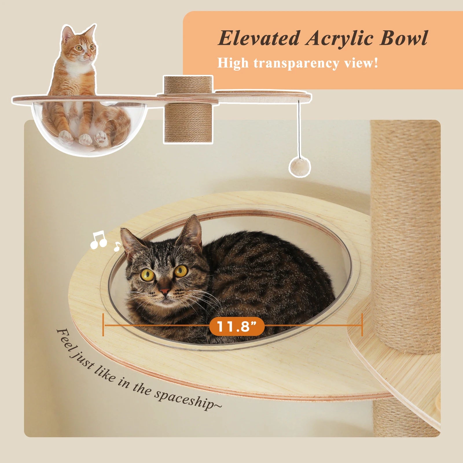 Floor to Ceiling Cat Tree for Indoor Cats Adjustable Height Wooden with Thick Scratching Posts Acrylic Cave