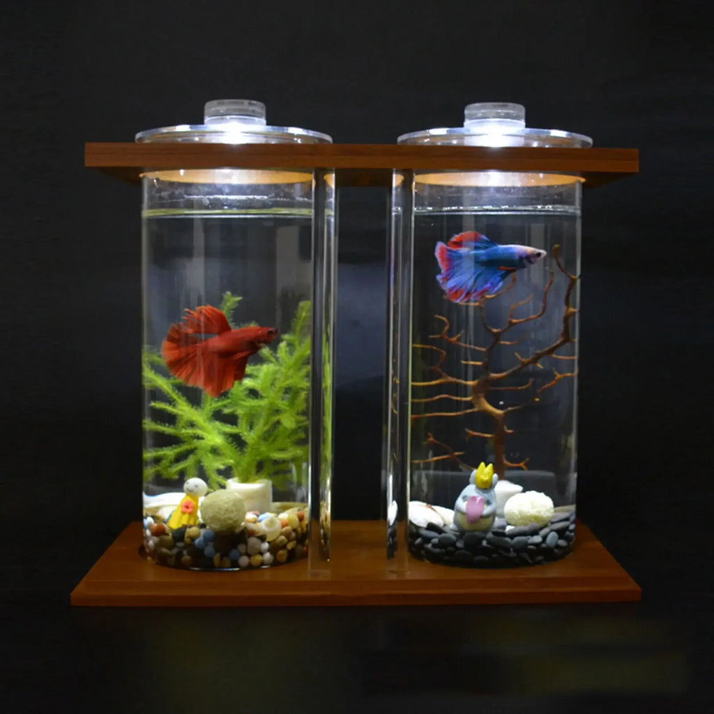 2 Tanks Glass Betta Fish Tank with LED Light Bamboo Base Mini Aquarium Set