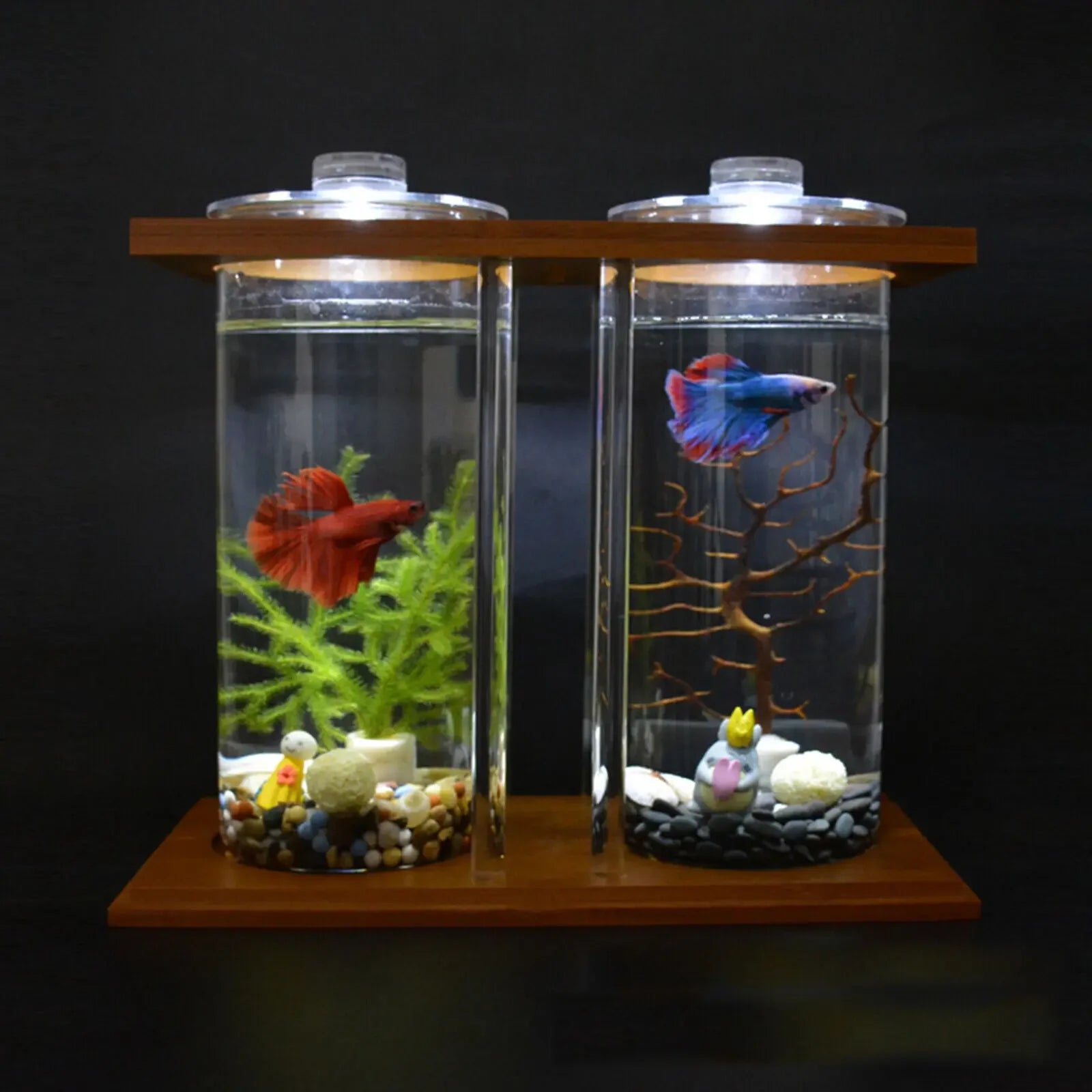 2 Tanks Glass Betta Fish Tank with LED Light Bamboo Base Mini Aquarium Set