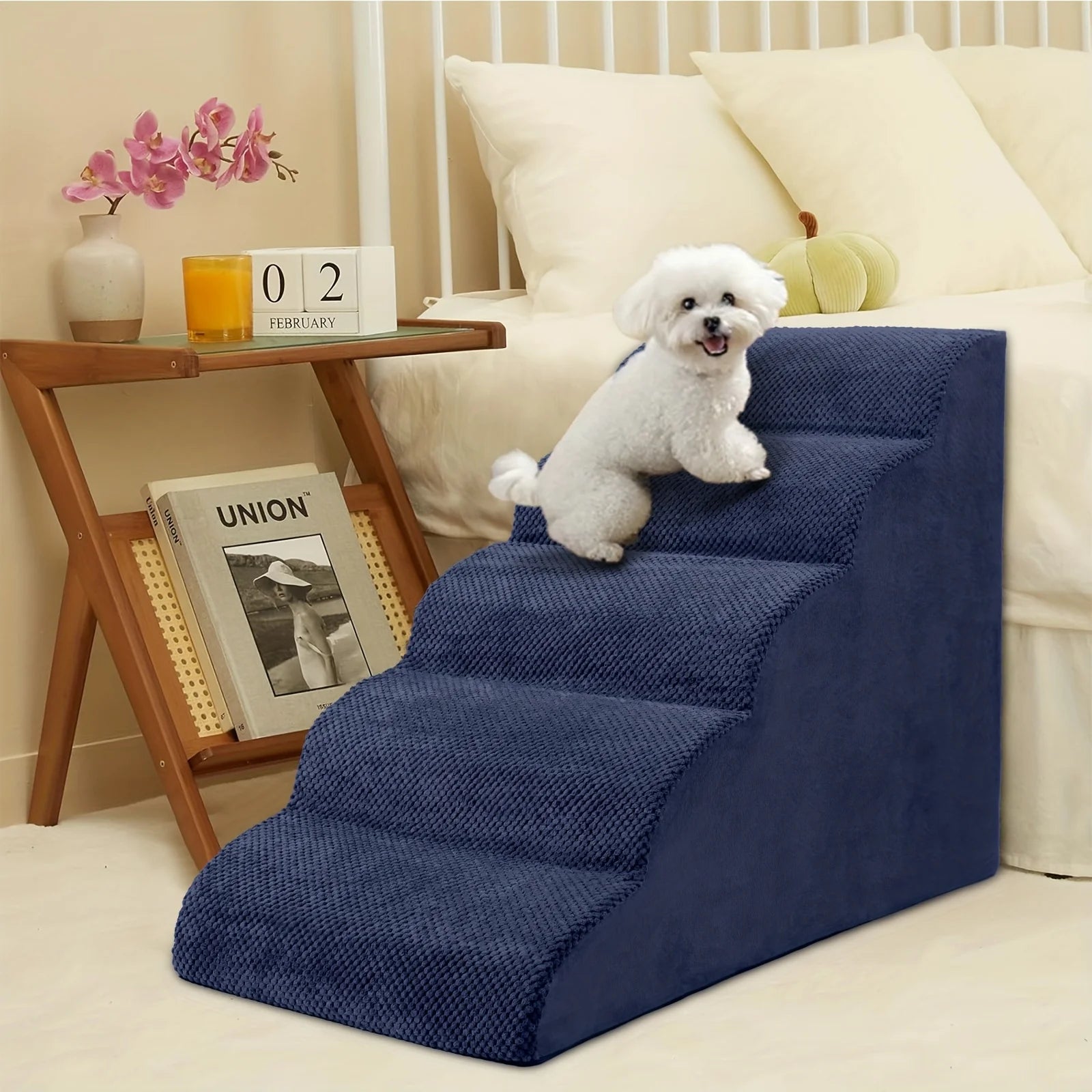 5-Step Dog Stairs & Ramp Suitable for Small Dogs, High-Density Foam Pet Steps with Non-Slip Base, Wide Ramp for Beds/Couches