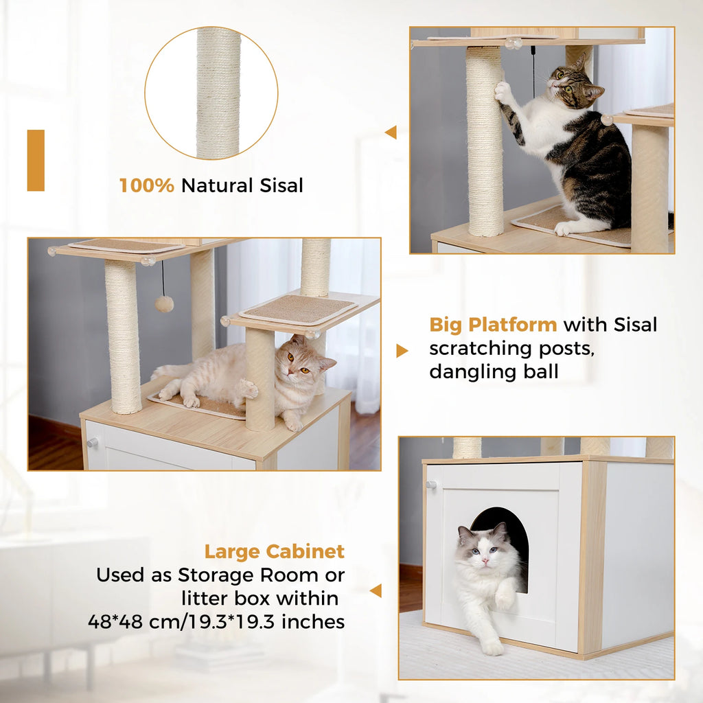 Cat Tree with Litter Box Enclosure Large Wood Tower with Storage Cabinet and Cozy Cat Condo Sisal Covered Scratching Post