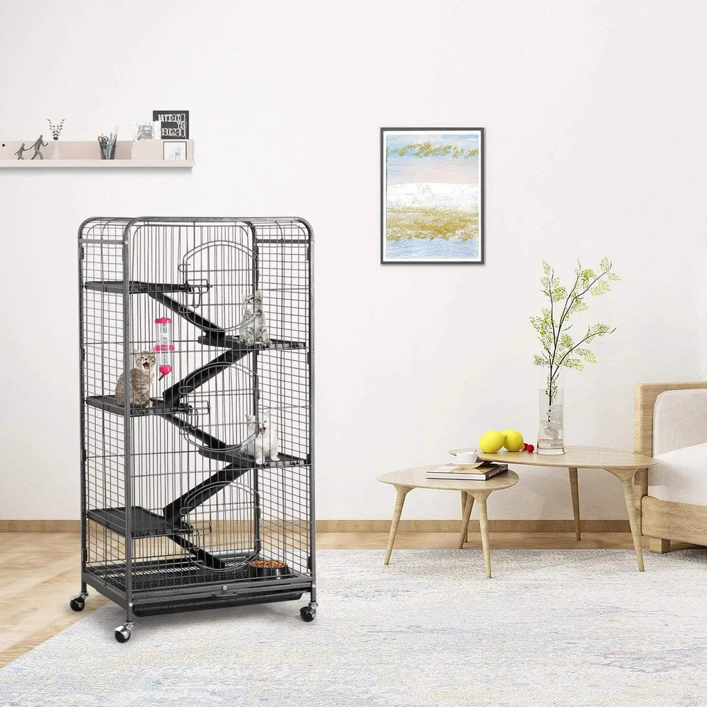 52" Black 6-Level Metal Small Animal Cage - 3 Front Doors, Feeder, Wheels