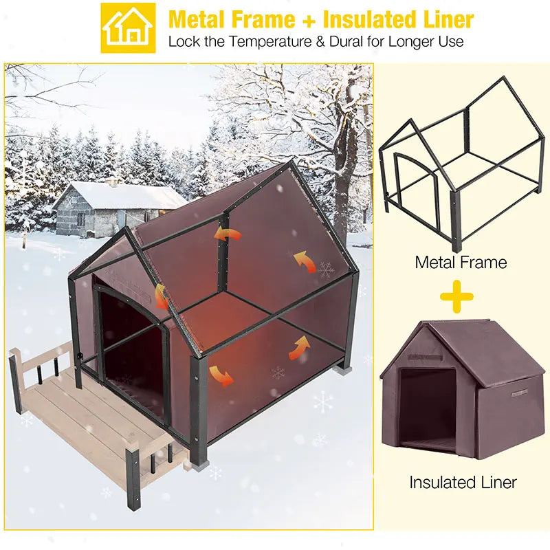 Insulated Dog House with Liner Inside| Iron Frame - Medium 32.9"(L) x 45" (W) x 32.6"(H)