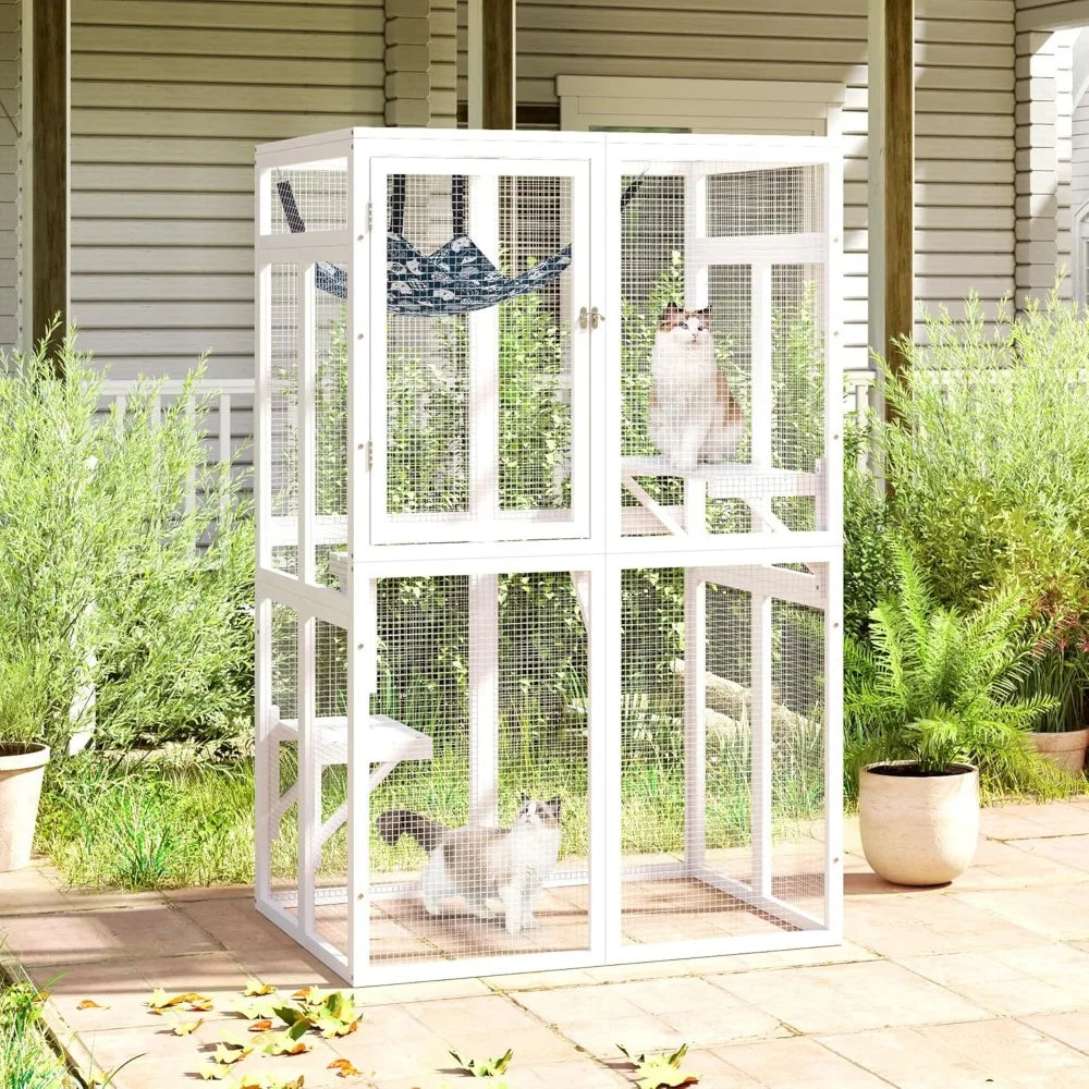 Catio Outdoor Cat Enclosure, Wooden Catio with Window Access for Patio, White