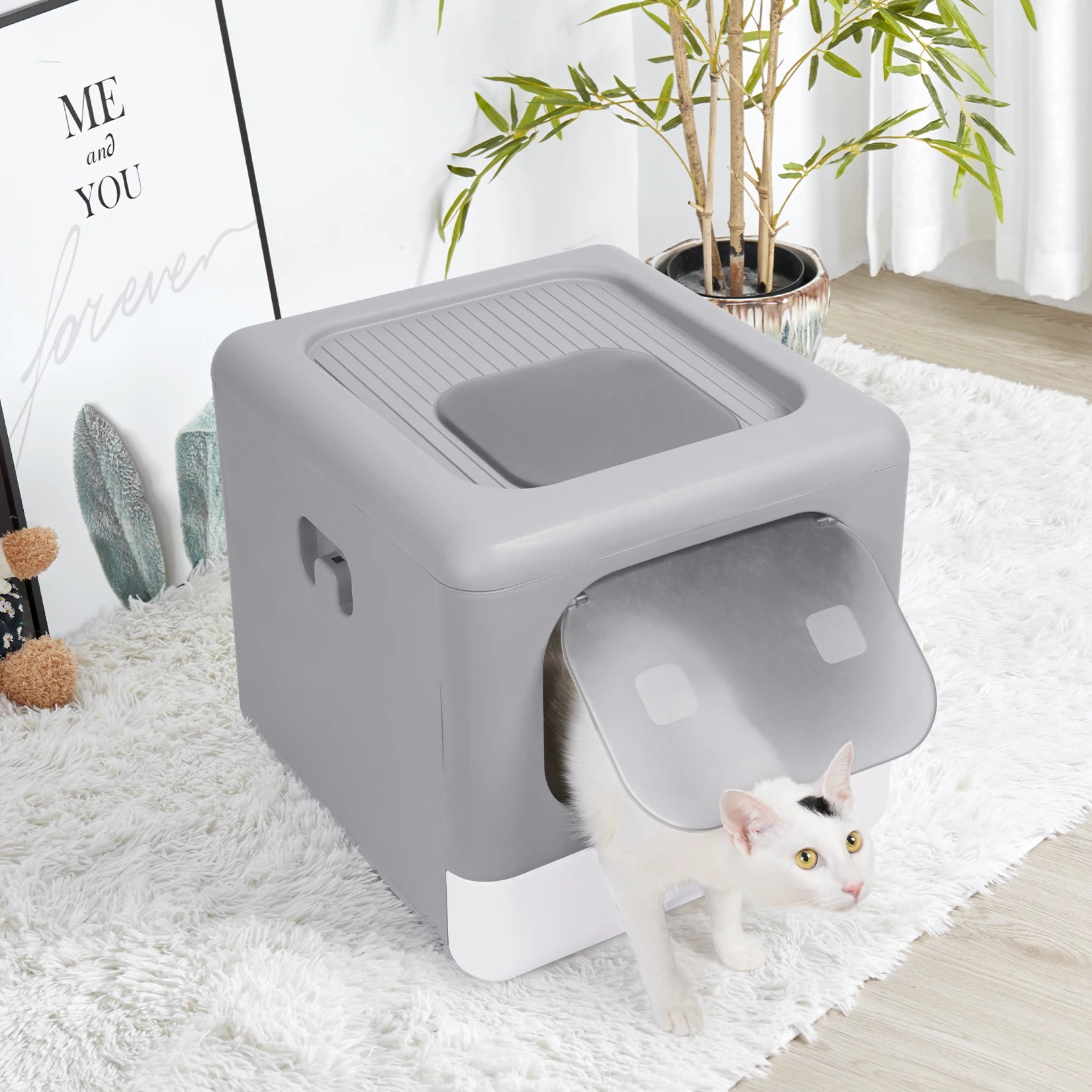 Cat Litter Box with Scoop and Tray Sifting Enclosed Foldable Top Front Entry