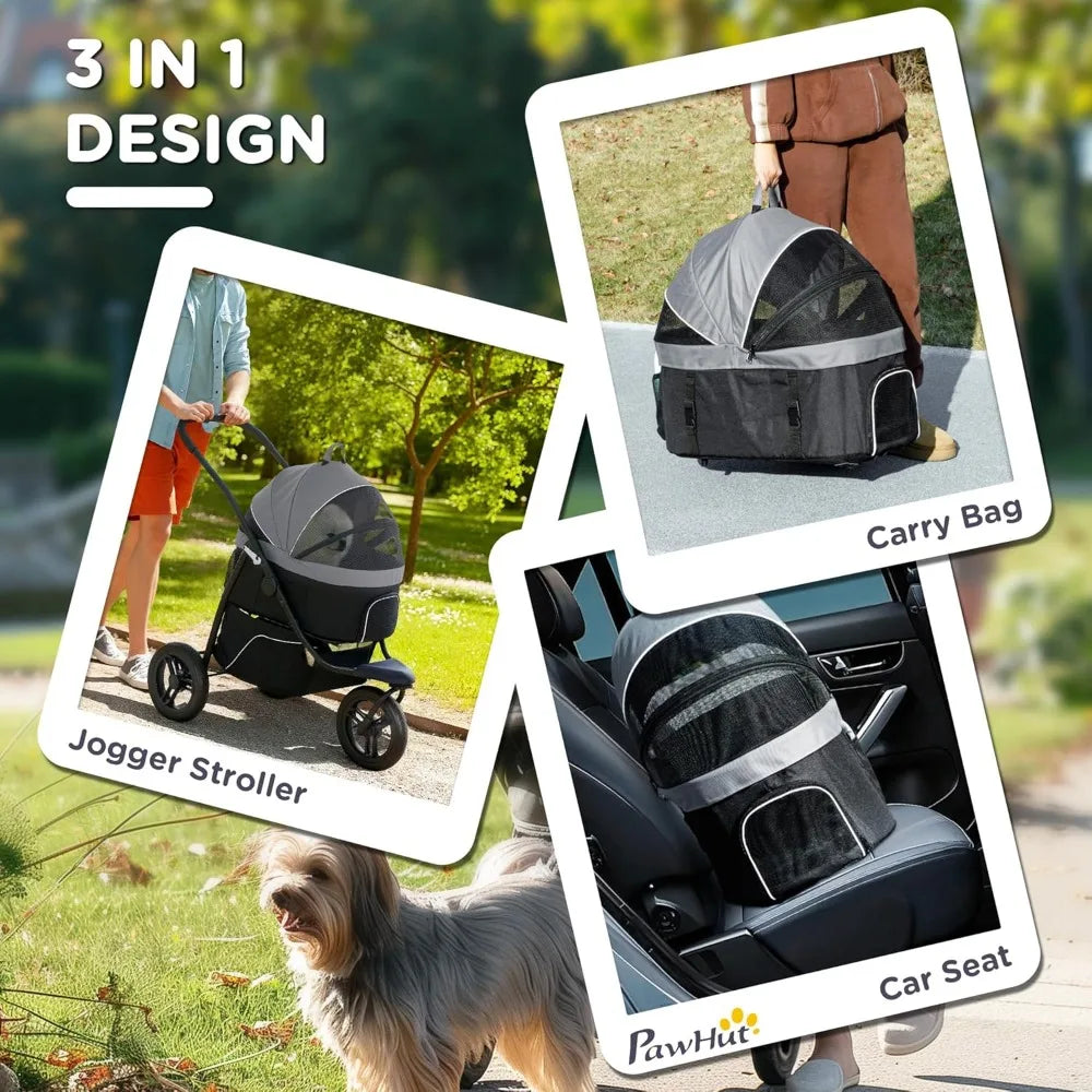 Dog Stroller for Small Dogs and Cats, 3 in 1 Folding Stroller Jogger with Detachable Carrier, Storage Basket