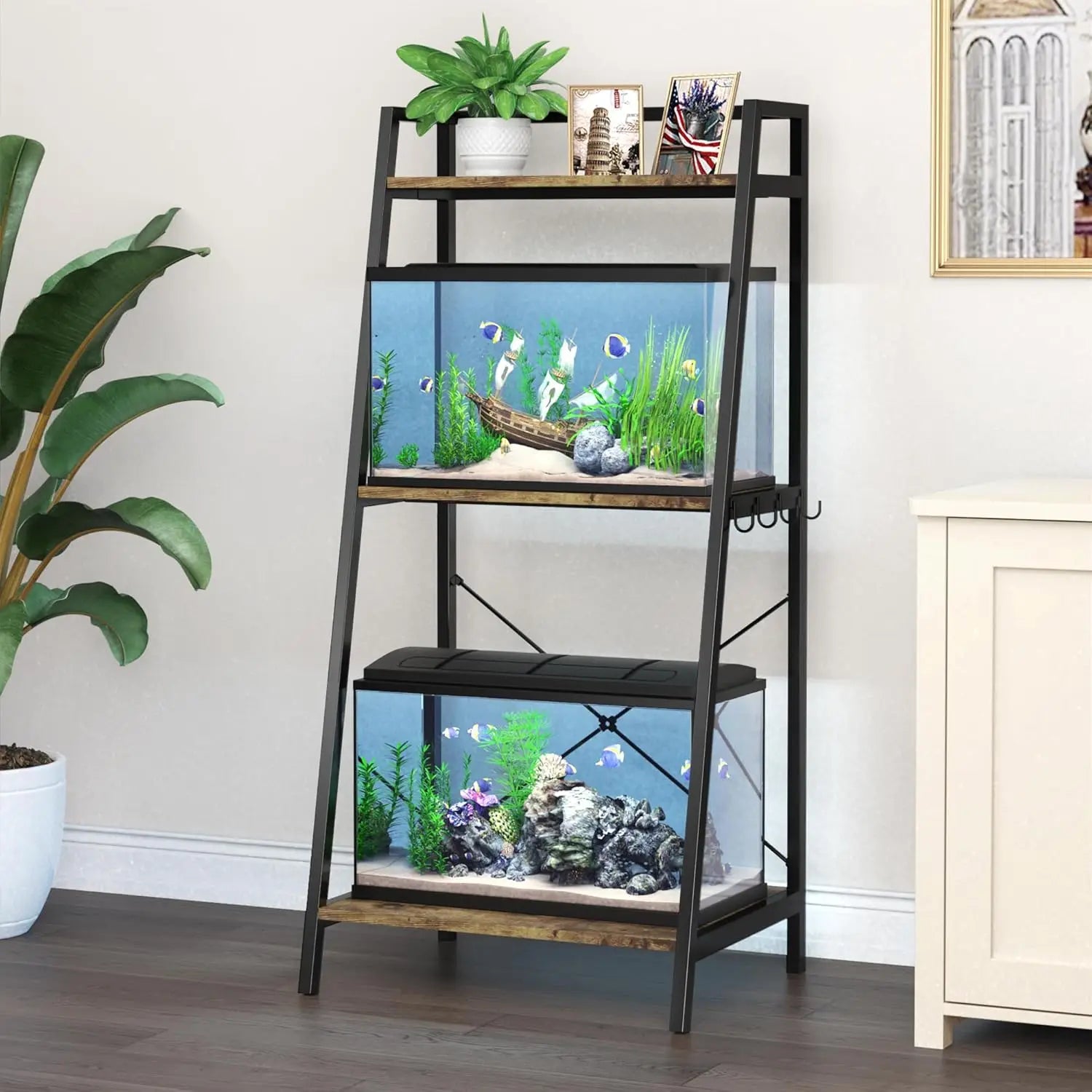 5-10 Gallon Metal Aquarium Stand with Plant Shelf and Storage, Fits Turtle and Reptile Tanks