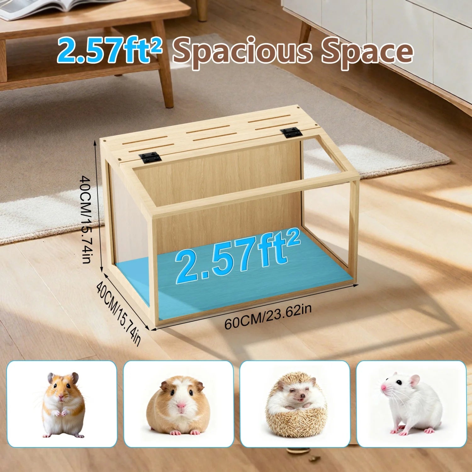 60/80CM Hamster Cage Wooden Habitat House Tempered Glass Panels Built-in LED Light
