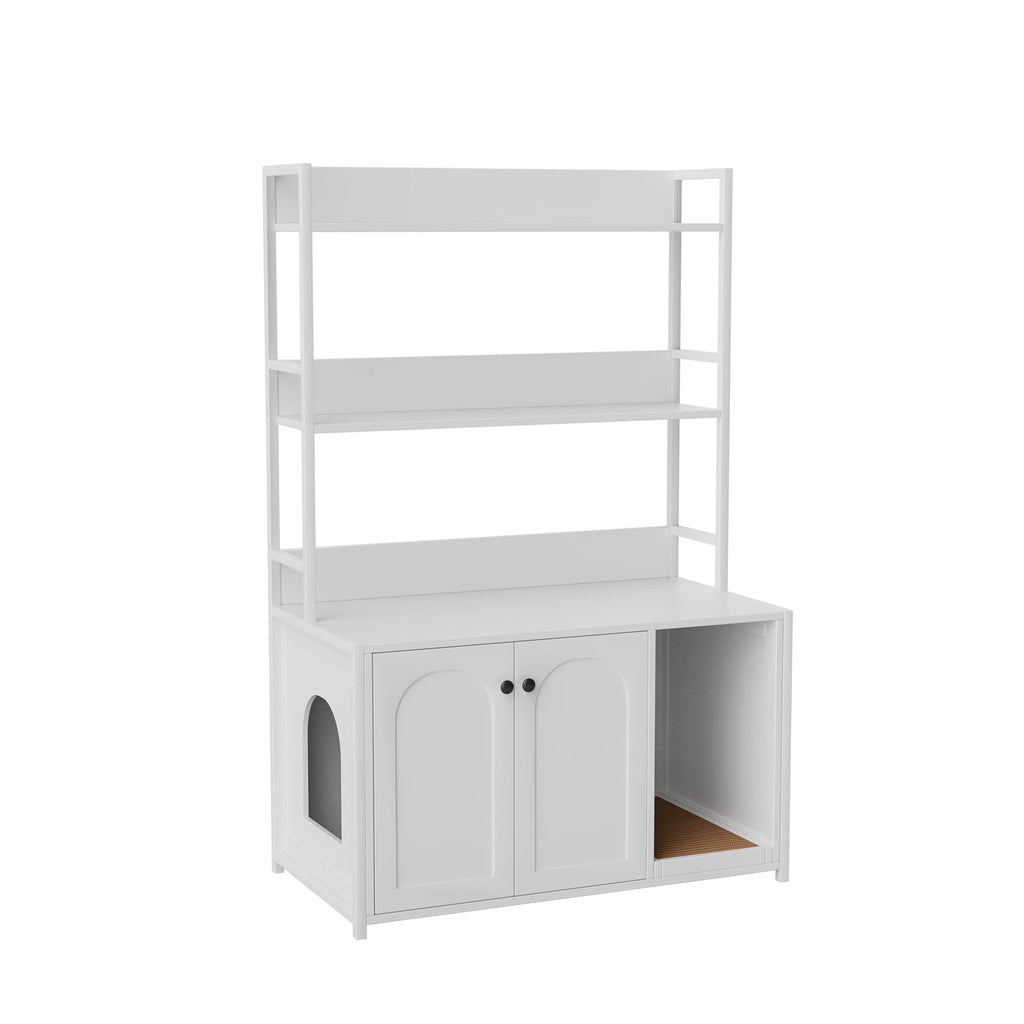 Wooden Hidden Cat Litter Box Enclosure Furniture with Shelves 2 Door Indoor with Scratch Pad