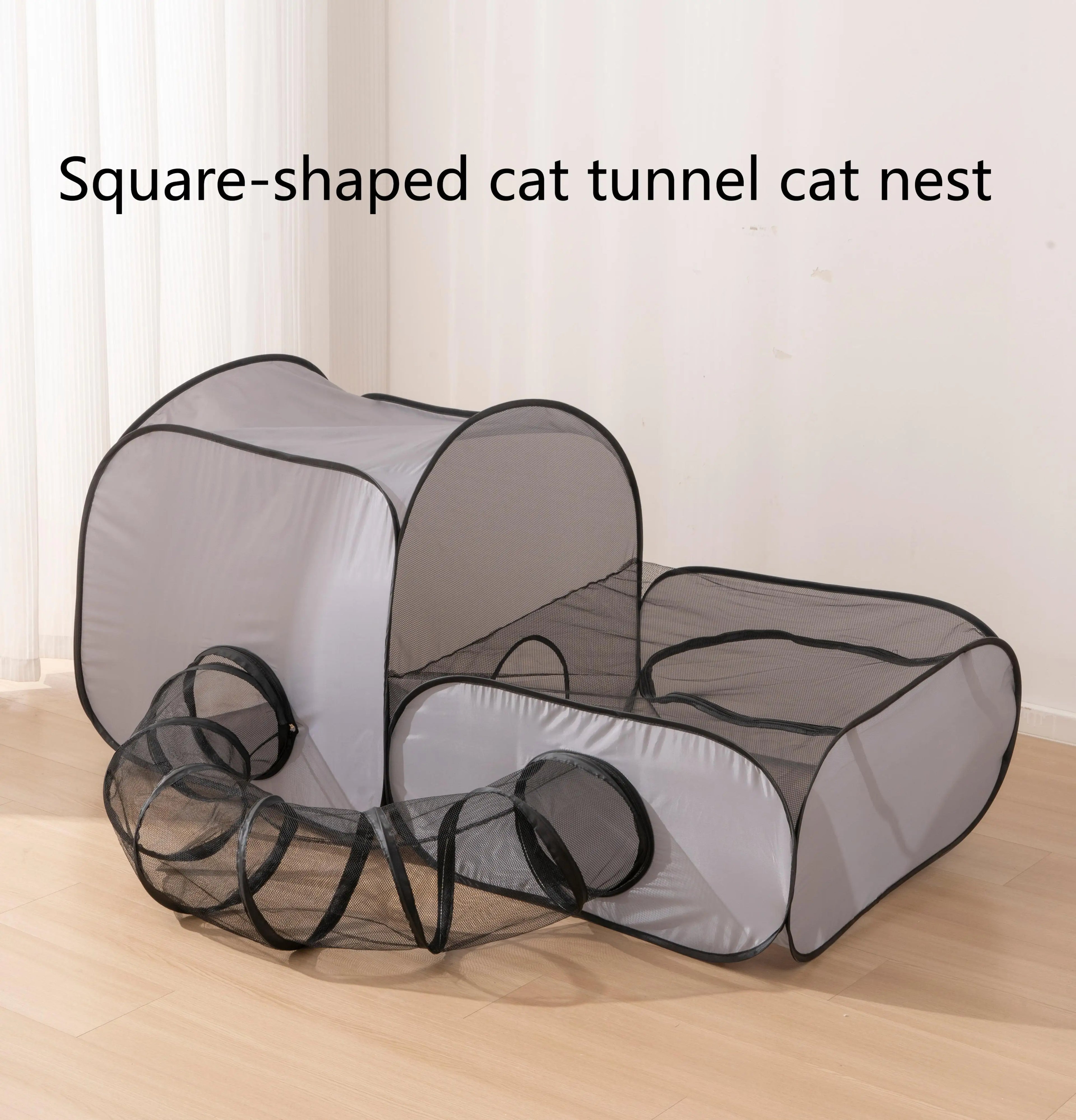 Square Gray Cats Hard Oxford Cloth with a Play Tunnel Foldable Pets Nest