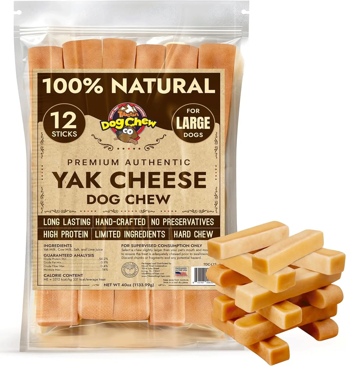 Yak Cheese Dog Chews for Aggressive Chewers - 12 Large Sticks, Easy Digest, No Additives