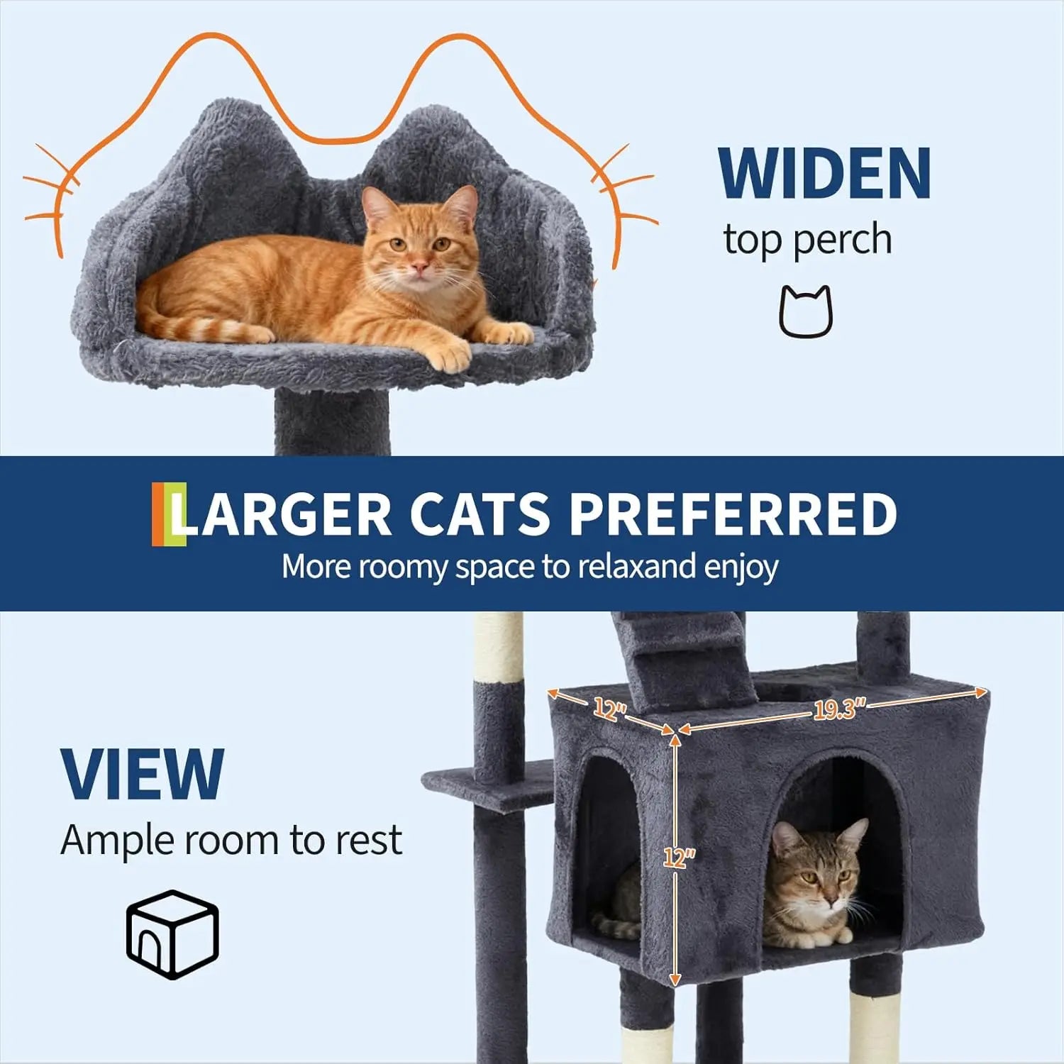 74" Tall Cat Tree For Large Cats Heavy Duty Multi-Level Anti-Tip With 6 Scratching Posts Top Perch & Cozy Rest Areas