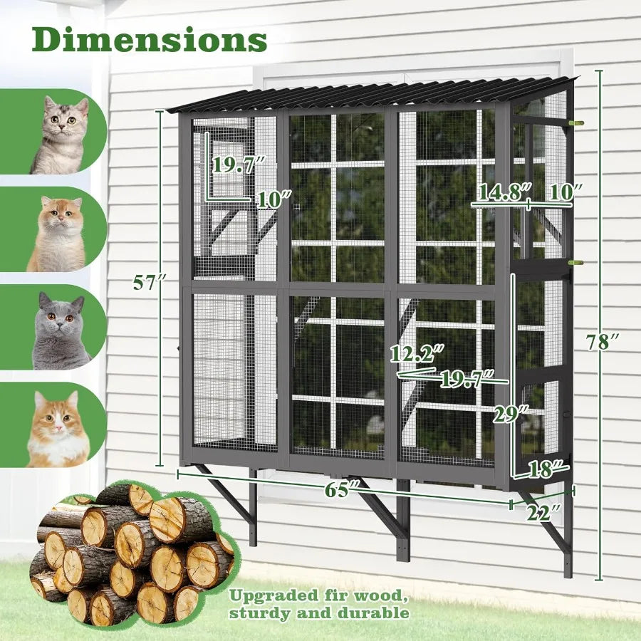 Expandable Outdoor Cat Enclosure with Window Perch for Multiple Indoor Cats Featuring 4 Platforms and 4 Doors Patio