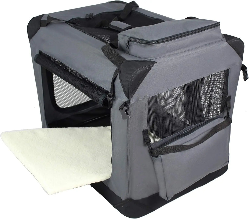 3-Door Folding Soft Dog Crate with Carrying Bag and Fleece Bed, Indoor & Outdoor (30" L x 21" W x 24" H, Gray)