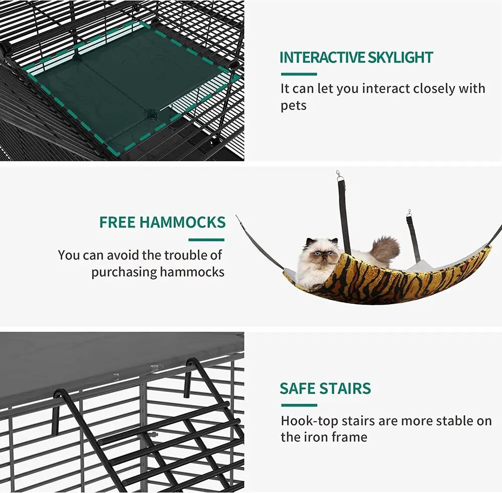 Large Cat Cage Enclosure Metal Wire 4-Tier Kennel DIY Playpen Catio with Hammock