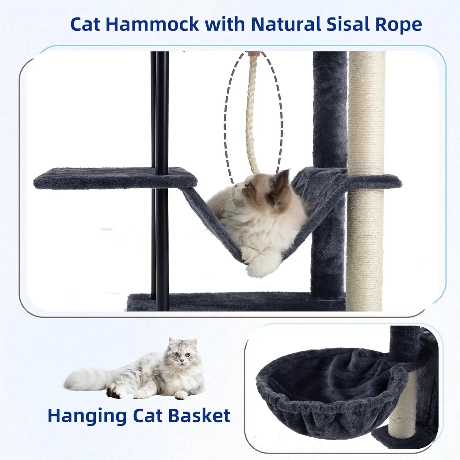 43.3 Inch Cat Tree Tower for Indoor Cats with Sturdy Steel Tube, Hammock, Condo, Scratching Post
