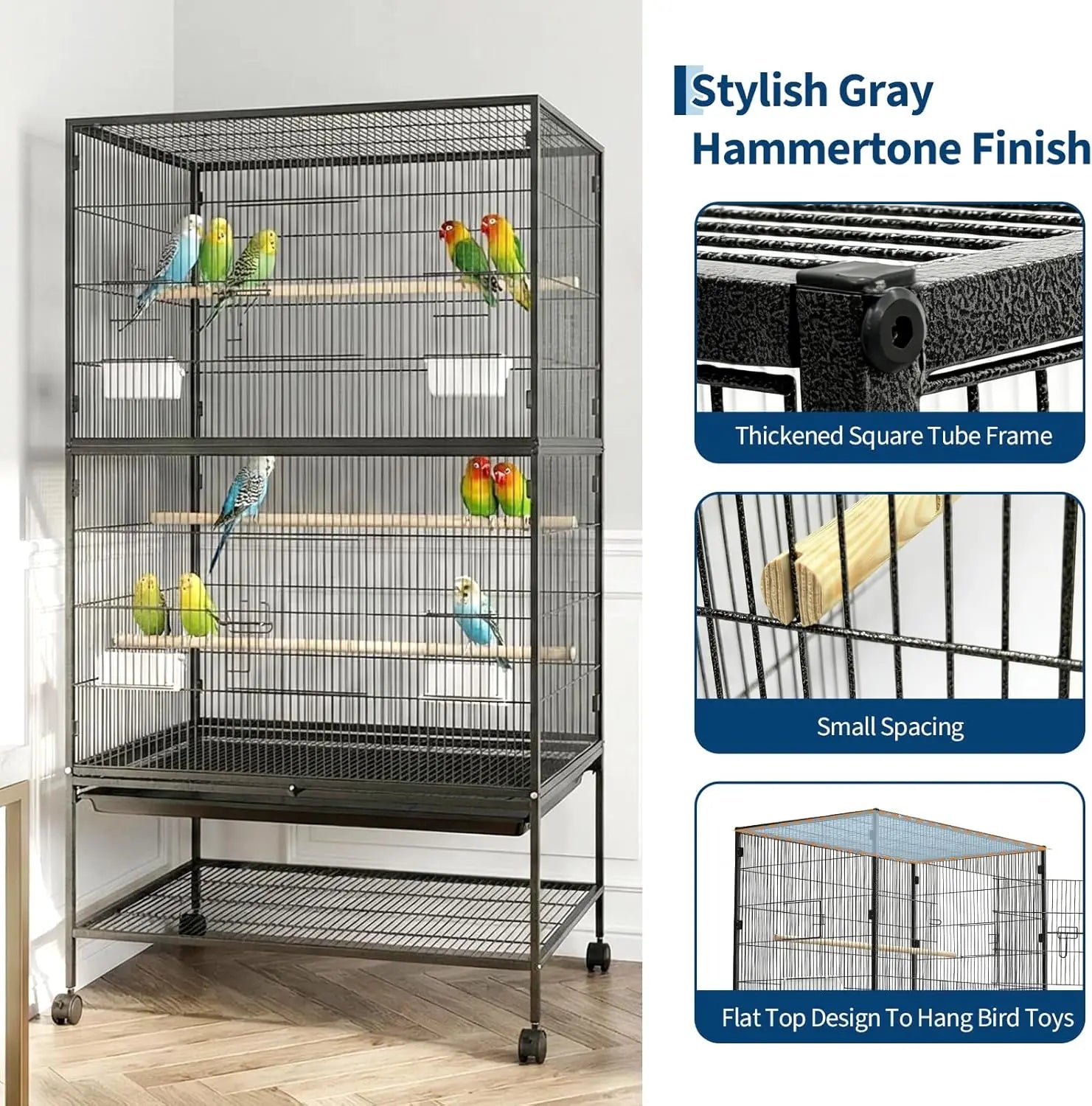 61" H Large Bird Cage with Rolling Wheels Storage Stands, Feed Bowls, Wide Tall