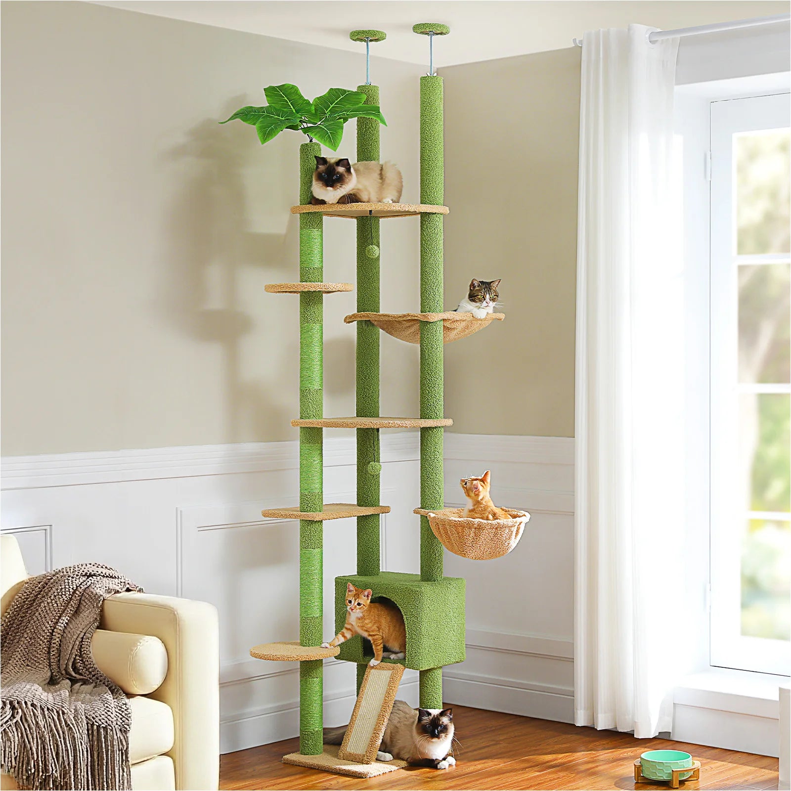 Cactus Cat Tree Floor to Ceiling Cat Tower with Sisal Scratching Post, Comfortable Hammock for Multi-Cat Homes