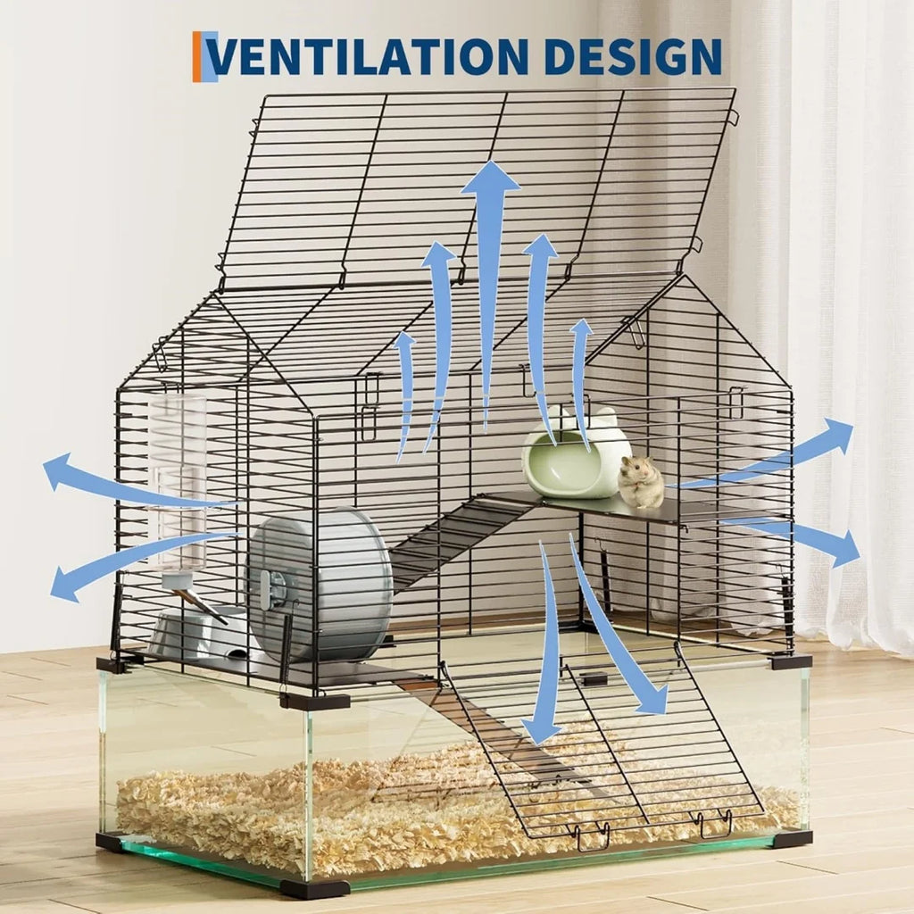 3 Tiers Large Enclosure, Metal Enclosure + Glass Small Animal Cage