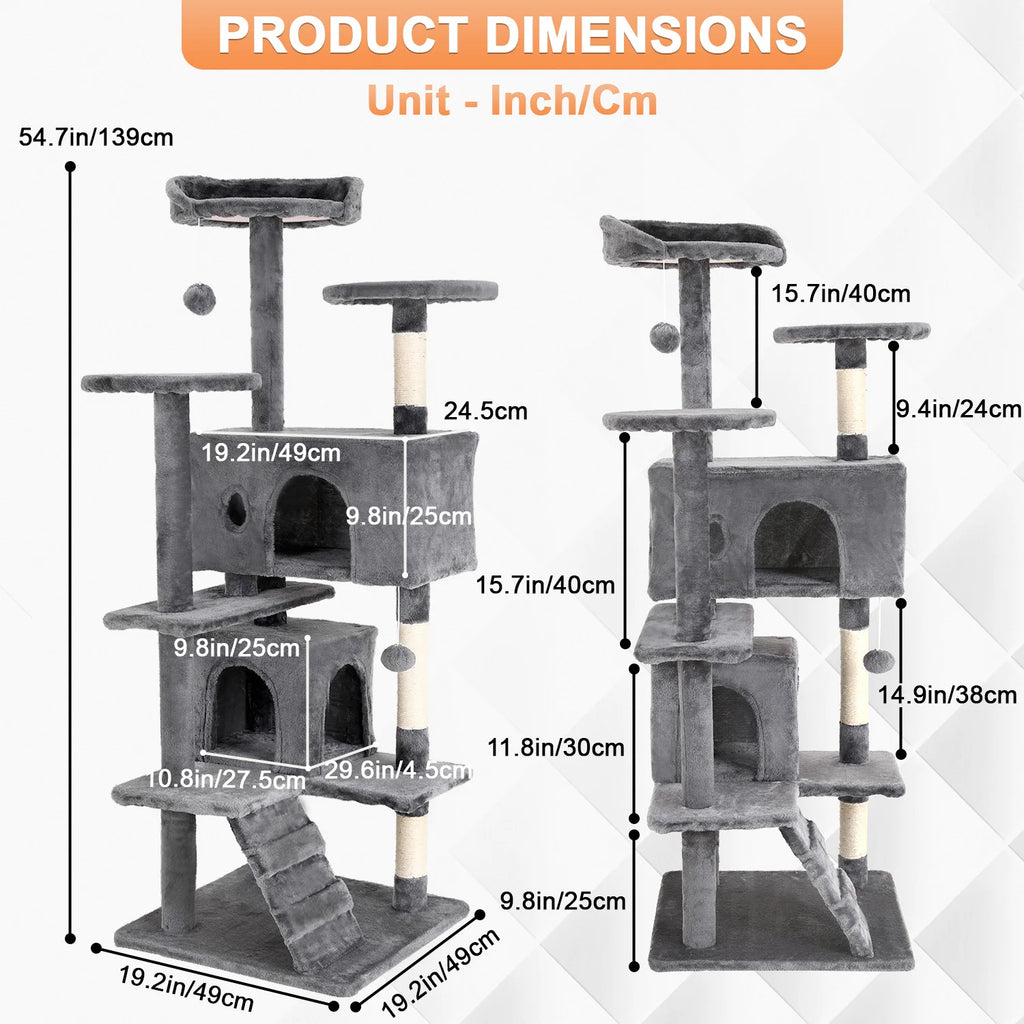 Cat Tree 54/70 Inch with Sisal-Covered Scratching Posts Dangling Ball for Cats to Play and Sleep