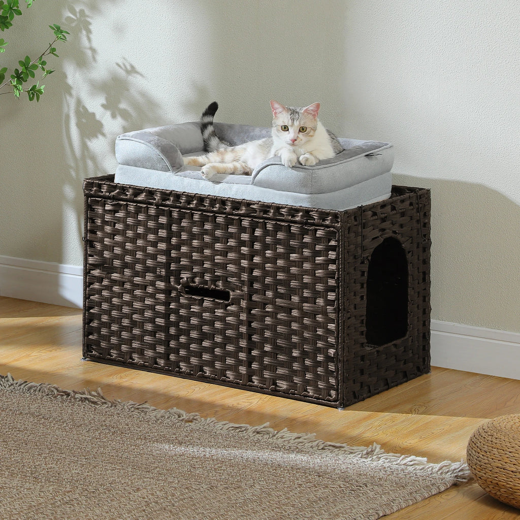 Rattan Cat Litter Box Enclosure Furniture with Door, Handwoven Rattan Hidden Litter Box