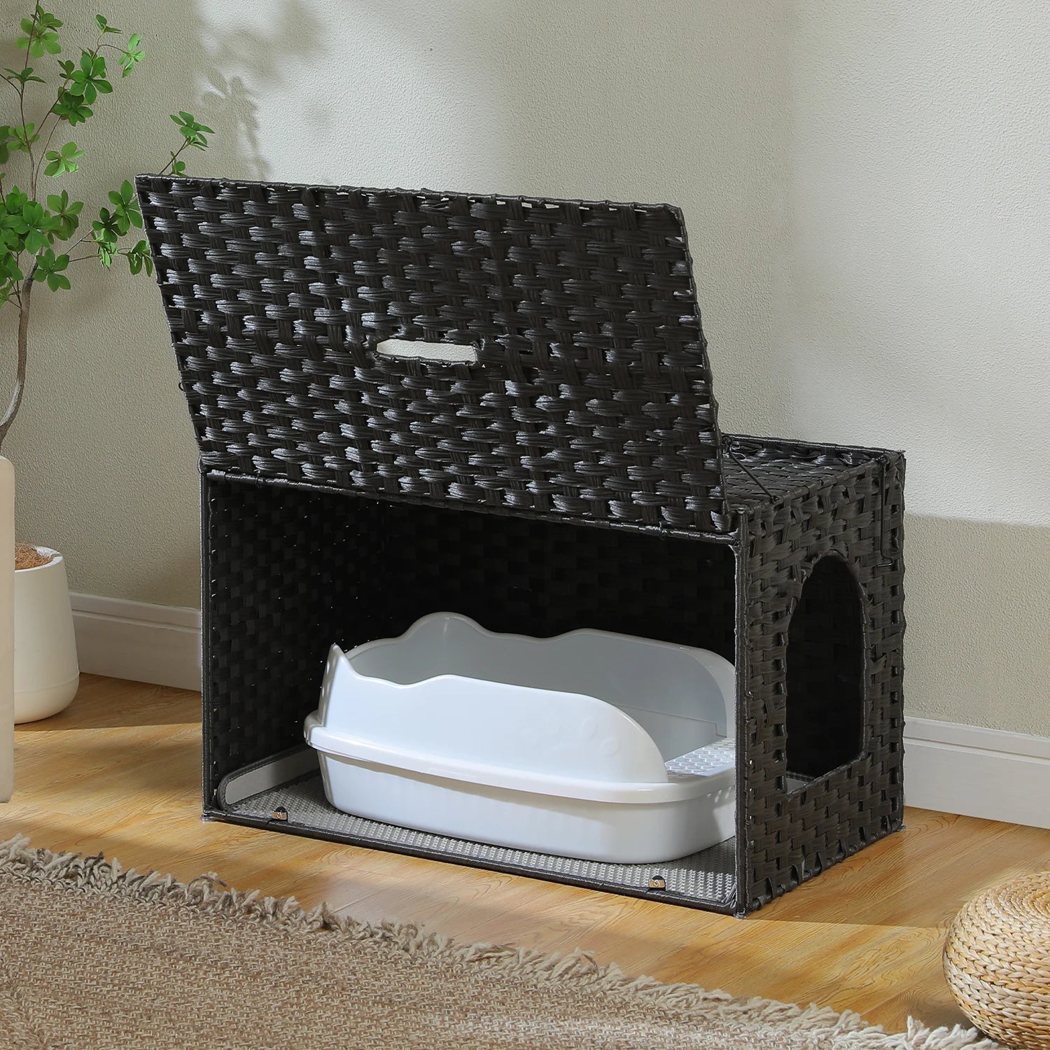 Rattan Cat Litter Box Enclosure Furniture with Door, Handwoven Rattan Hidden Litter Box