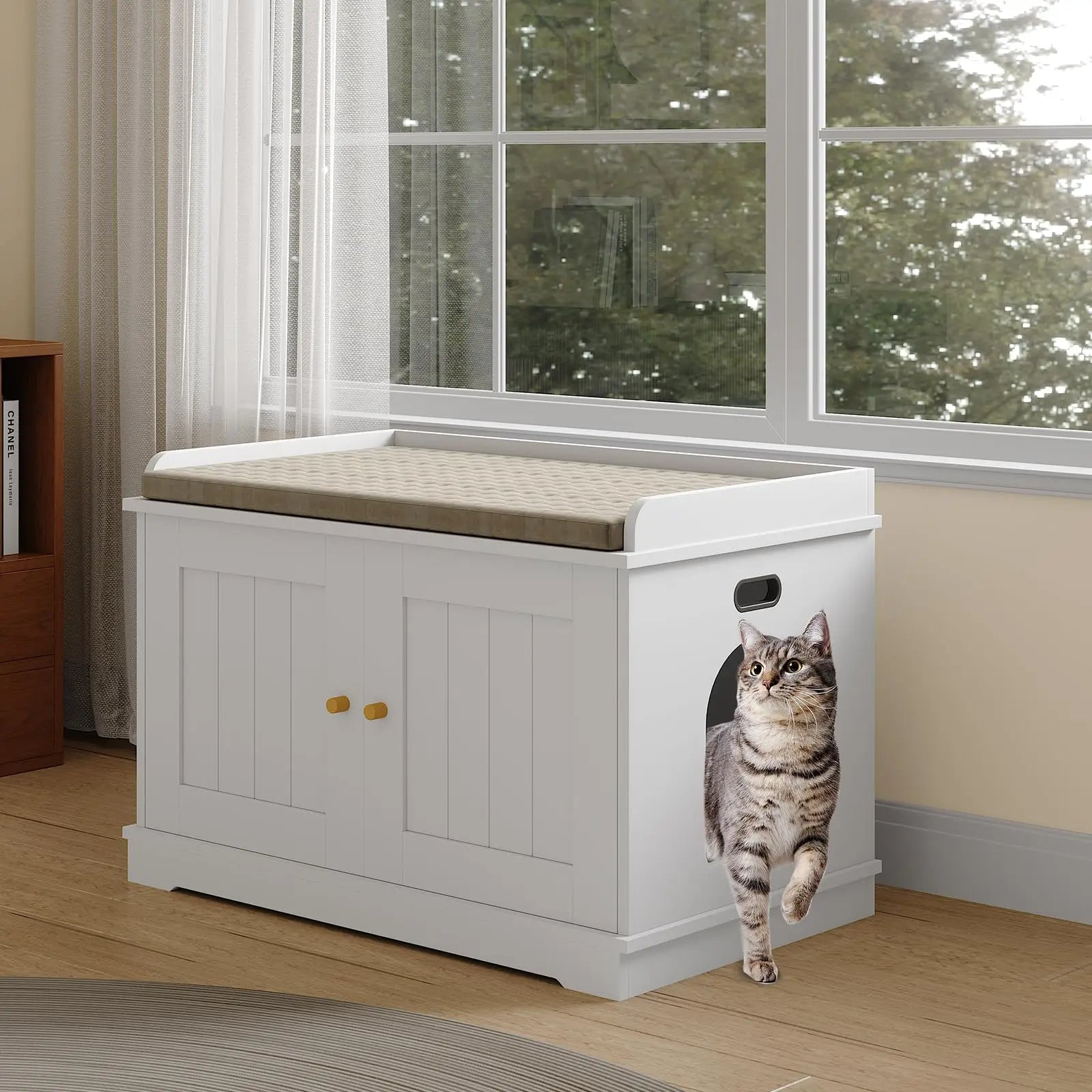 31.5 Inch Wooden Cat Litter Box Enclosure With Barn Door Ventilated Large Pet House Furniture